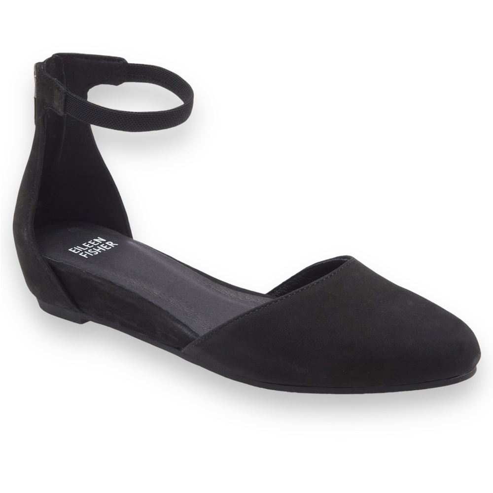 EILEEN FISHER Ingle Ankle Strap Flat in Black Nubuck Leather Size 11 NWOT